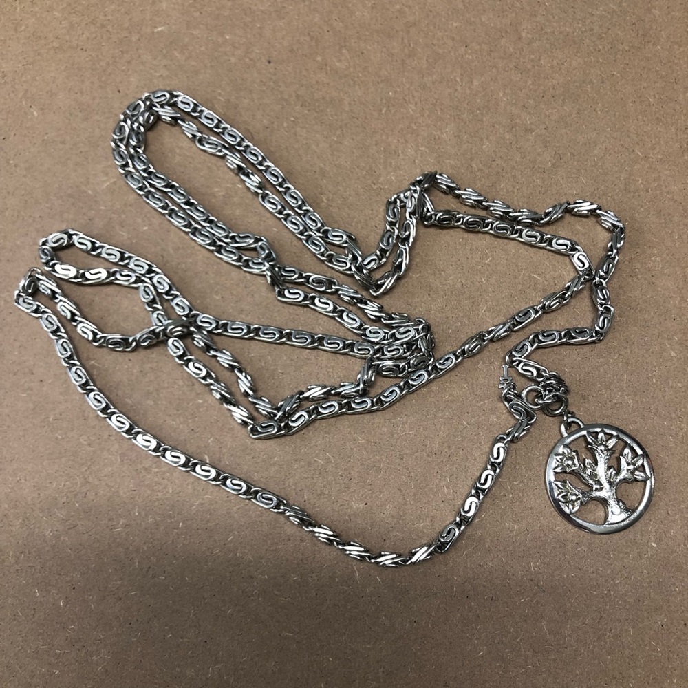 Vintage TRIFARI Long Textured Silver Tone Necklace With Monet Tree Charm